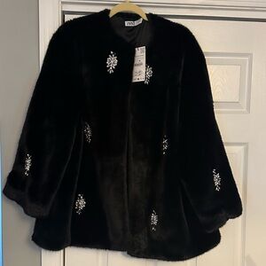 Zara Black Teddy Jacket with Silver Accents